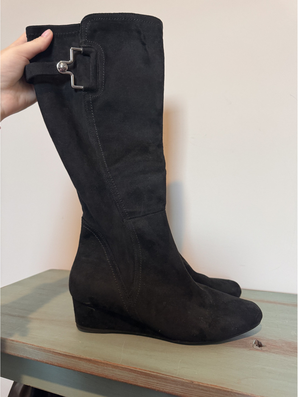 Impo Black Faux Suede Stretch Knee High Wedge Boots – Size 8